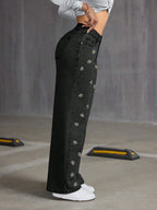Retro Vintage Floral Embroidered Denim Wide Leg Jeans