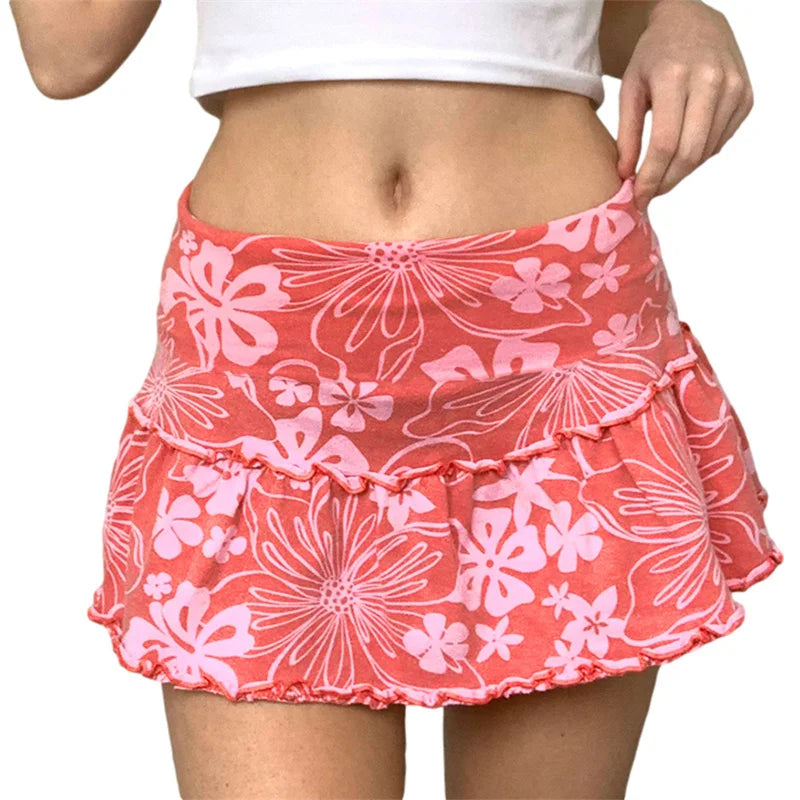 Ruffles A-Line Mini Skirt With Floral Print High Waist Frill Trim Above Knee