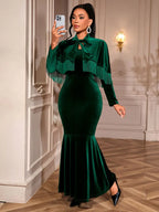 Long Sleeve Velvet Tassel Cape Evening Gown Emerald Green