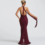 Elegant Mesh Stitching V-Neck Halter Backless Pencil Dress