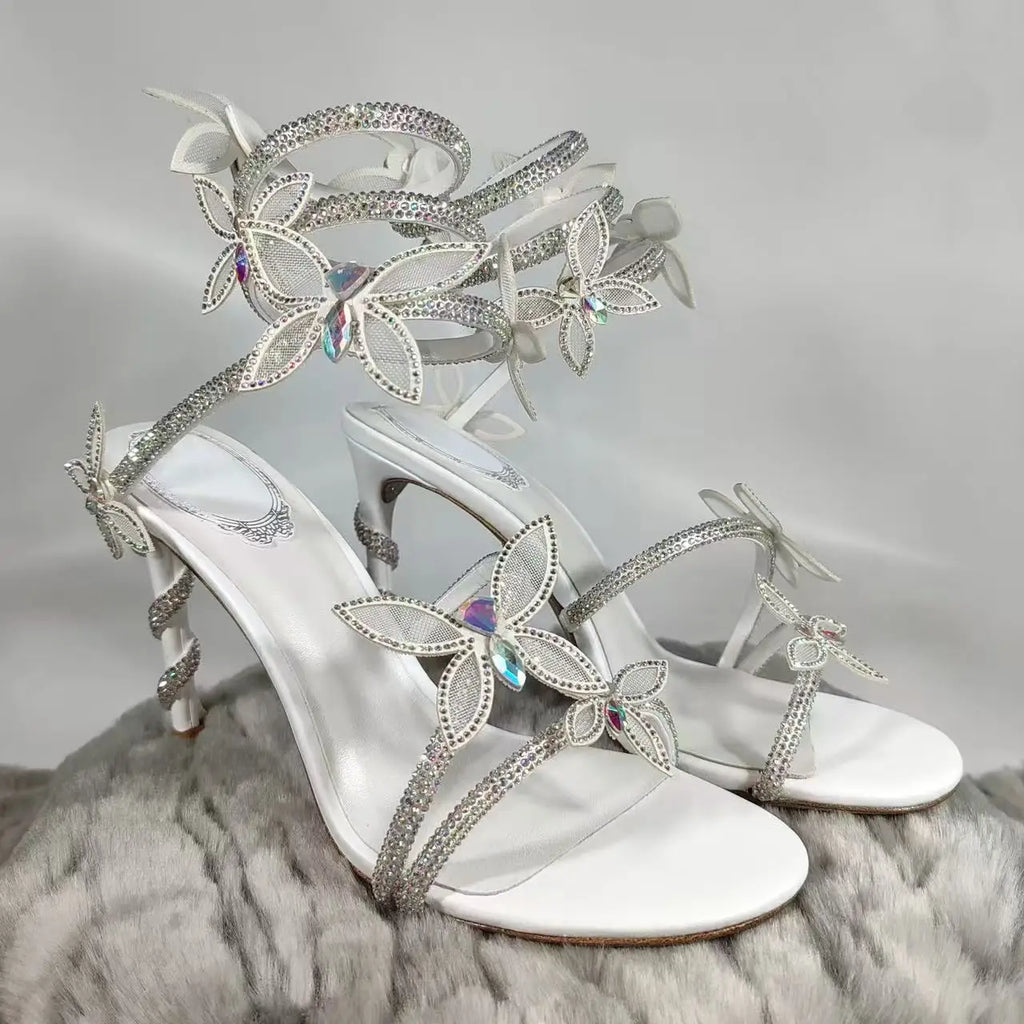 Crystal Butterfly-Knot Ankle Strap Sandals Open Toe Stiletto Heels