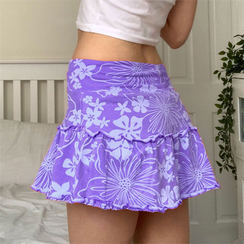 Ruffles A-Line Mini Skirt With Floral Print High Waist Frill Trim Above Knee
