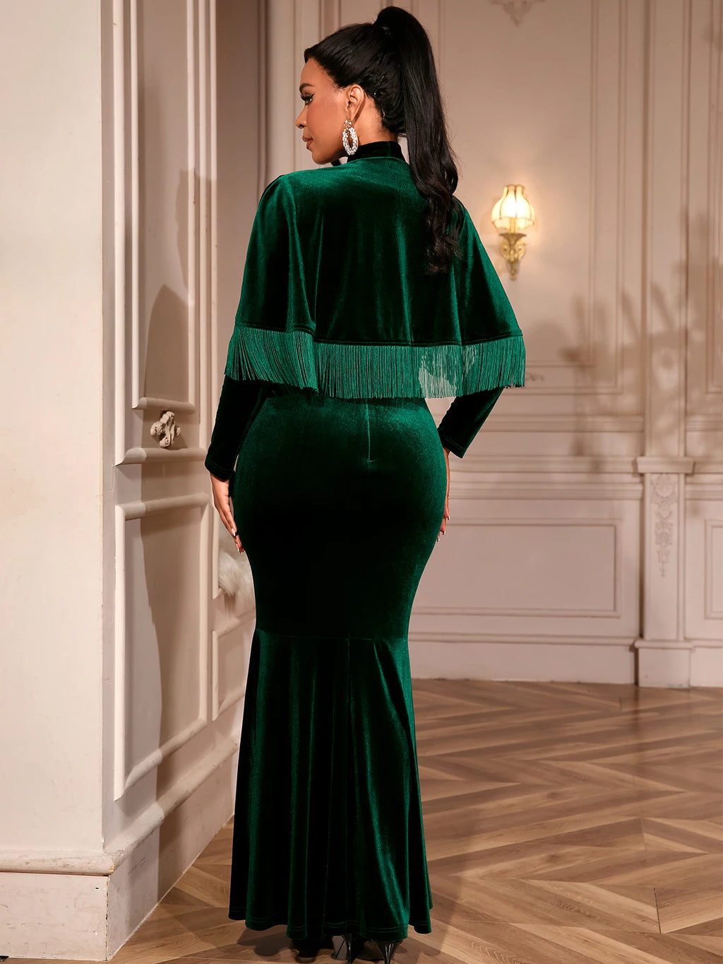 Long Sleeve Velvet Tassel Cape Evening Gown Emerald Green