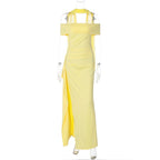 Yellow Off-the-Shoulder Side Split Maxi Bodycon Dress