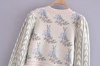 Front Wood Ears Ruffles Jacquard Cropped Sweater Vintage O neck Puff Sleeve Pullovers Short Jumper Knitwear