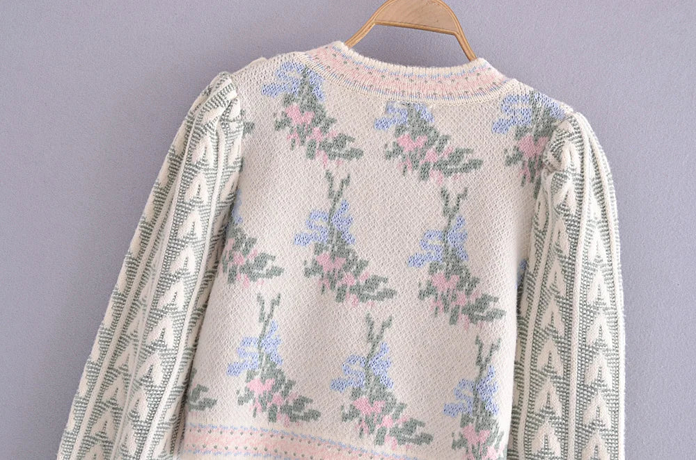Front Wood Ears Ruffles Jacquard Cropped Sweater Vintage O neck Puff Sleeve Pullovers Short Jumper Knitwear
