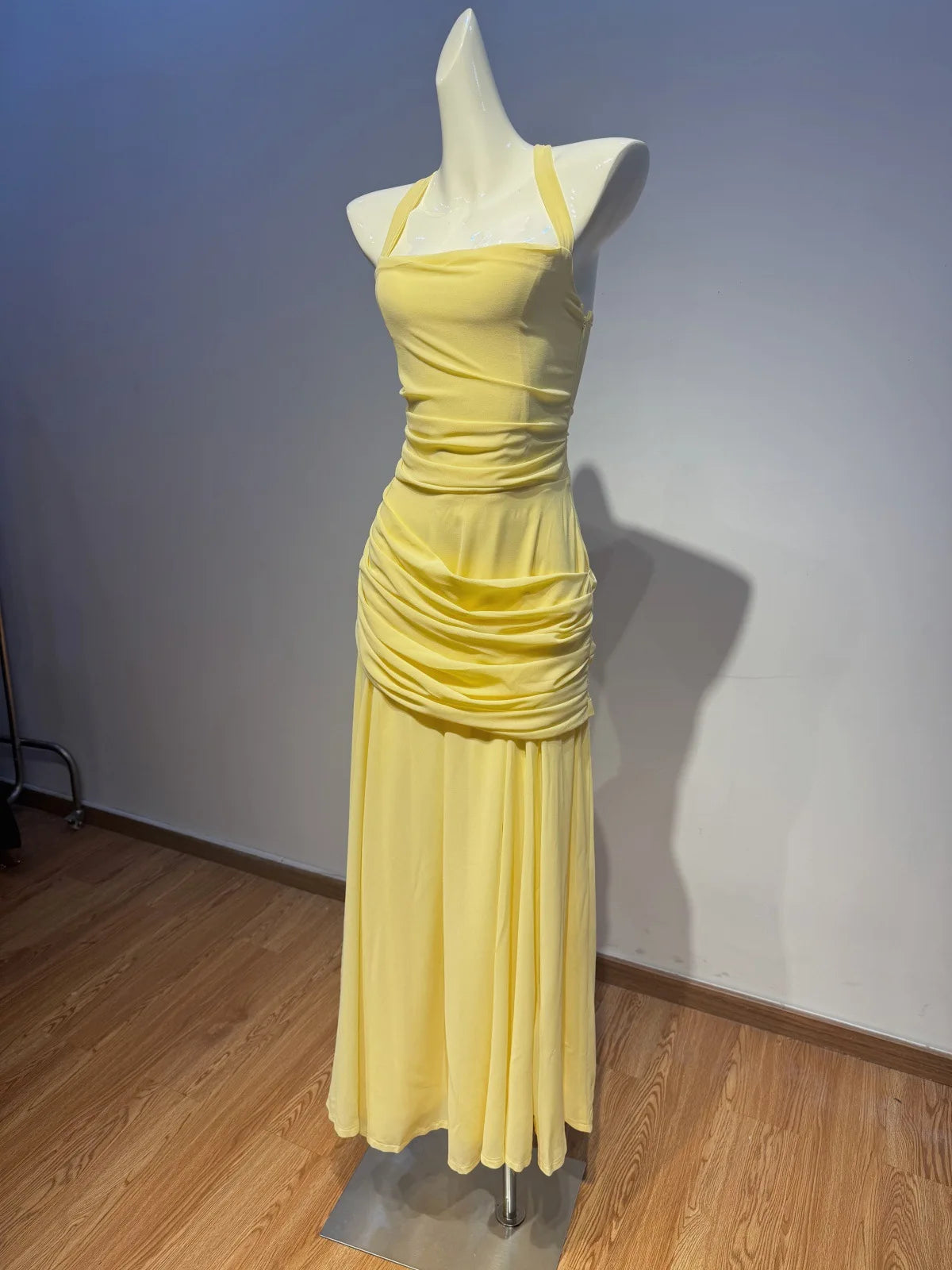 Yellow Chiffon Ruffled Halter Backless Dress