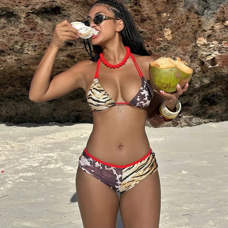 Leopard Print Bikini Set For Women Sexy Halter Top And Thong Bottom Breathable Spandex Beachwear