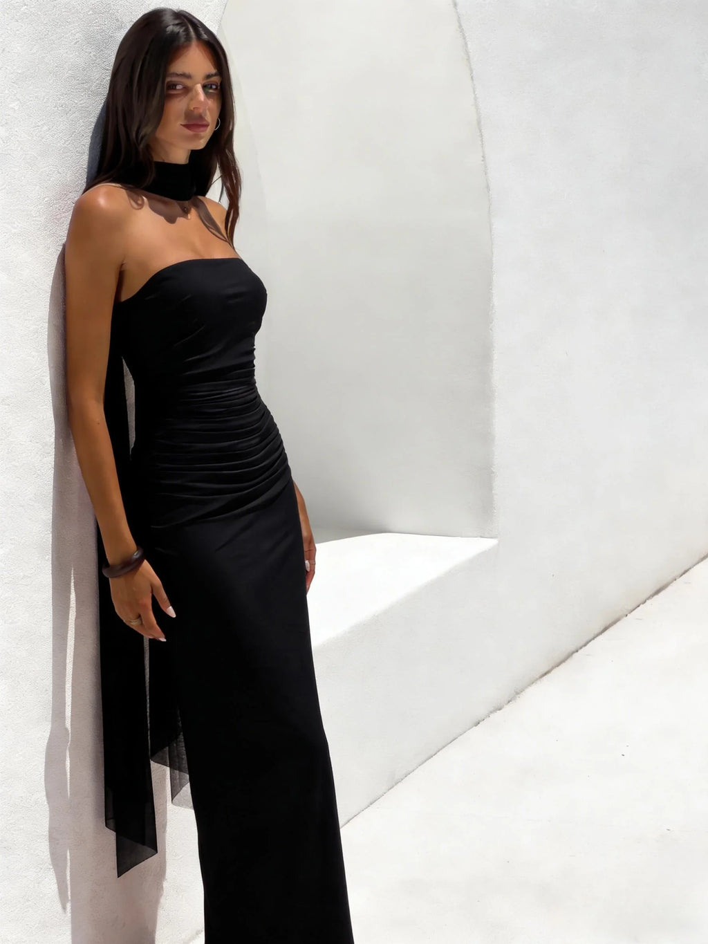 Strapless Ruched Maxi Evening Dress with Mesh Ribbon