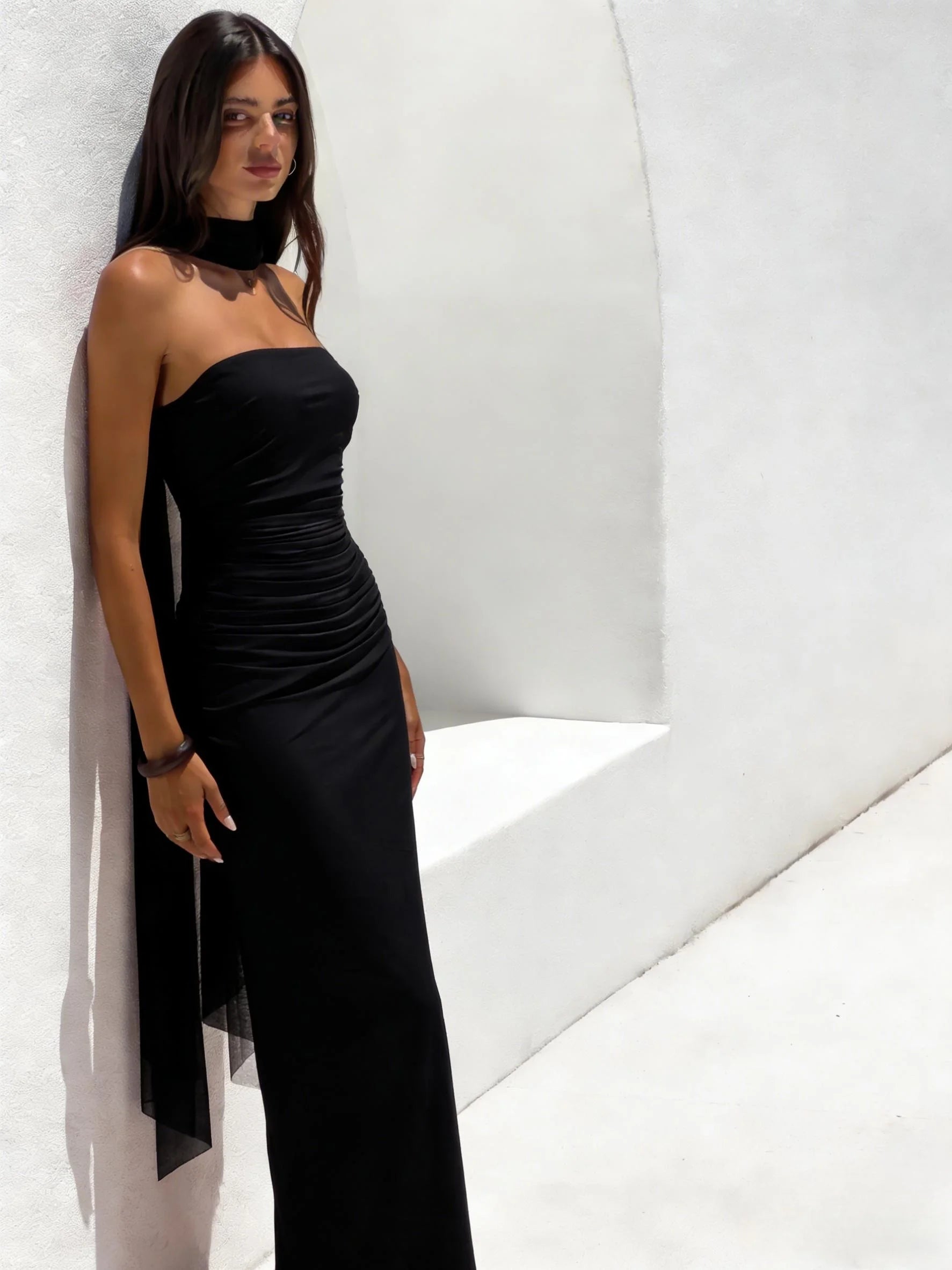 Strapless Ruched Maxi Evening Dress with Mesh Ribbon