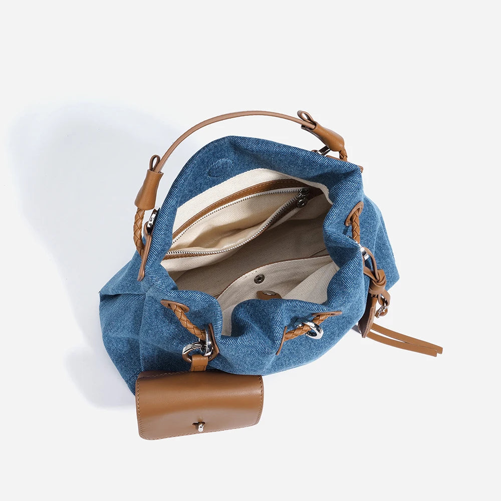 Boho Denim Patchwork Tote With Leather Trim And Versatile Drawstring Closure Bag