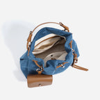 Boho Denim Patchwork Tote With Leather Trim And Versatile Drawstring Closure Bag