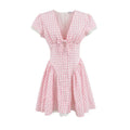 Princess Style Lace Mini Dress in Pink and White with Deep V Neck and Bow Cinched Waist