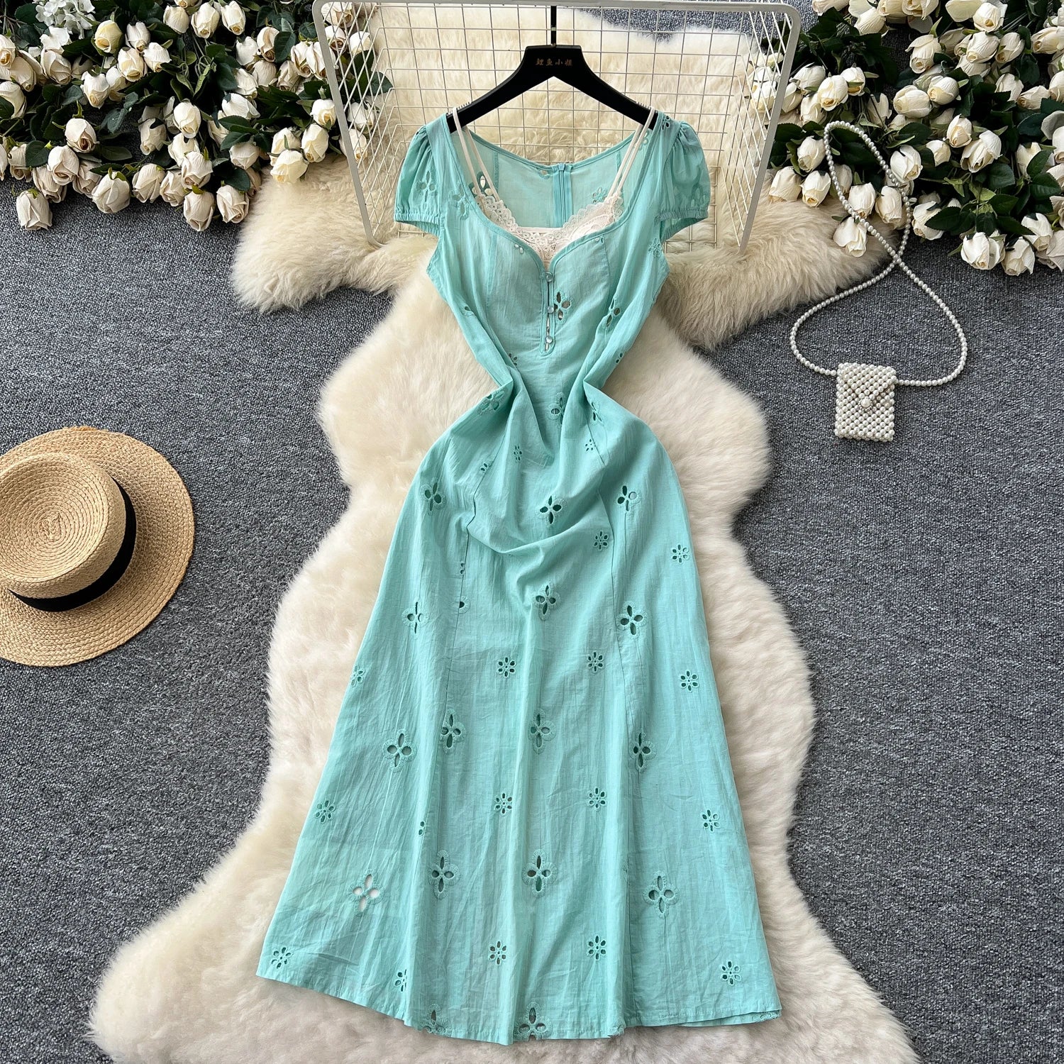 Sun Midi Dress With Empire Waist Embroidery And Lace Hollow Out Details