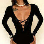 Black Lace Trim Deep V Bodysuit With Hollow Cross Detailing Long Sleeve
