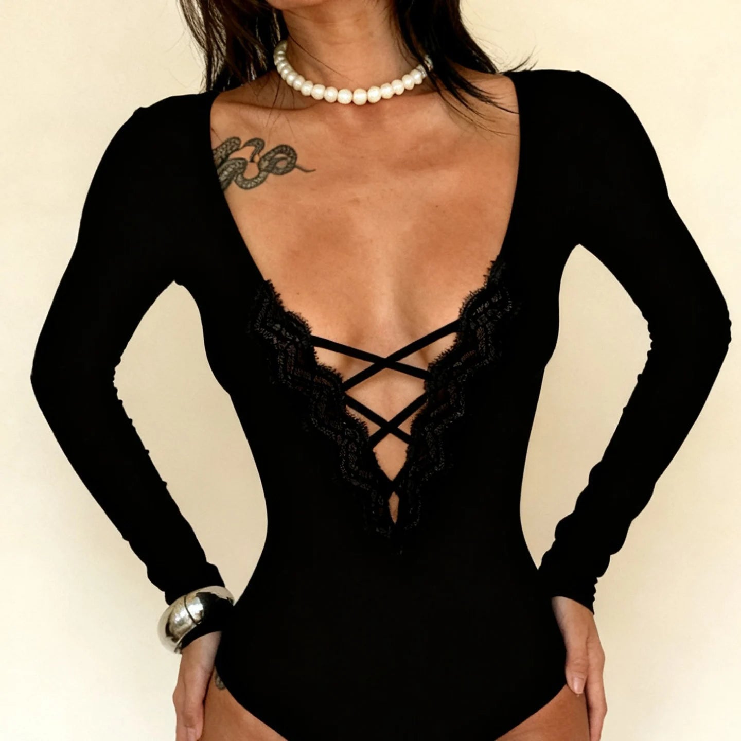 Black Lace Trim Deep V Bodysuit With Hollow Cross Detailing Long Sleeve