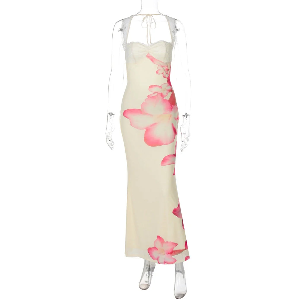 Romantic Lace Backless Maxi Dress With Floral Mesh