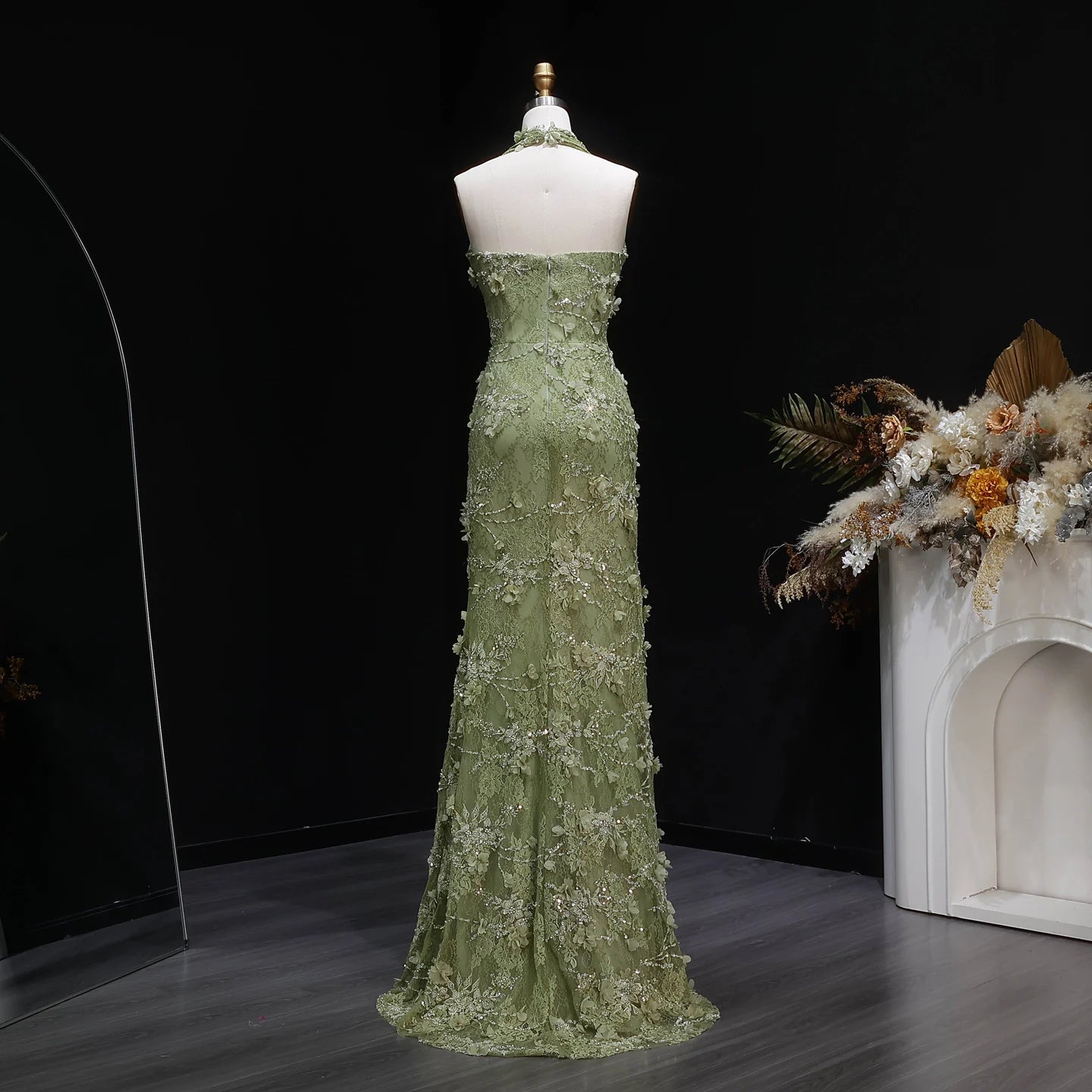 Midnight Bloom Halter Mermaid Evening Dress With Deep V Neck And 3D Floral Sequin Gown