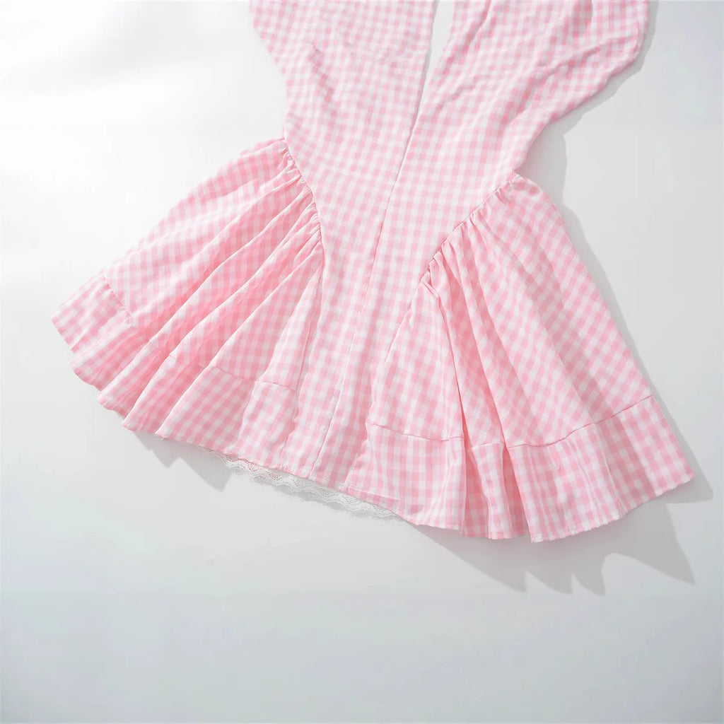 Princess Style Lace Mini Dress in Pink and White with Deep V Neck and Bow Cinched Waist