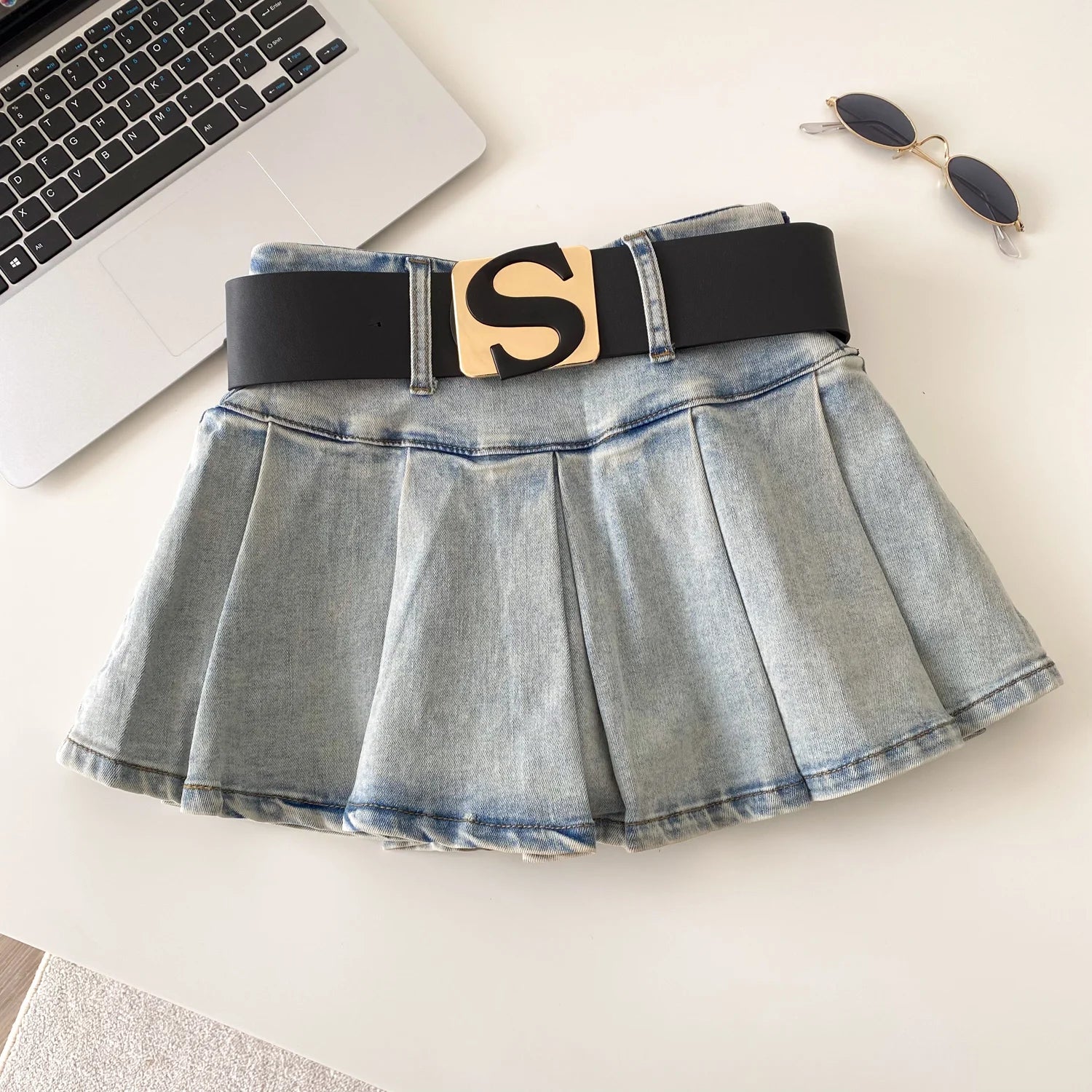 Denim A Line Skirt With Letter Sashes