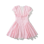 Princess Style Lace Mini Dress in Pink and White with Deep V Neck and Bow Cinched Waist