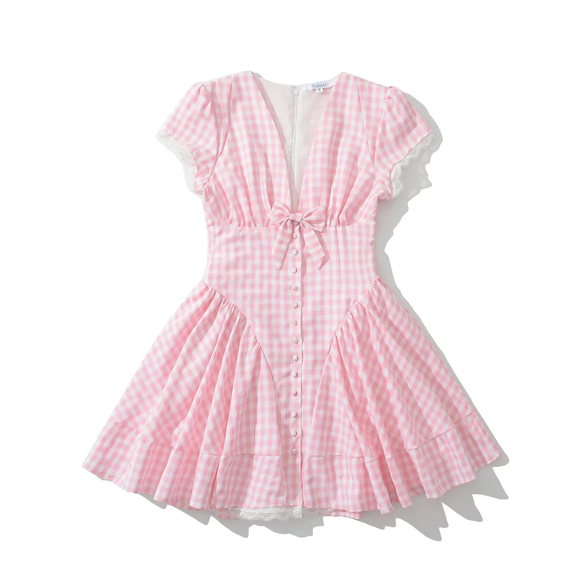 Princess Style Lace Mini Dress in Pink and White with Deep V Neck and Bow Cinched Waist