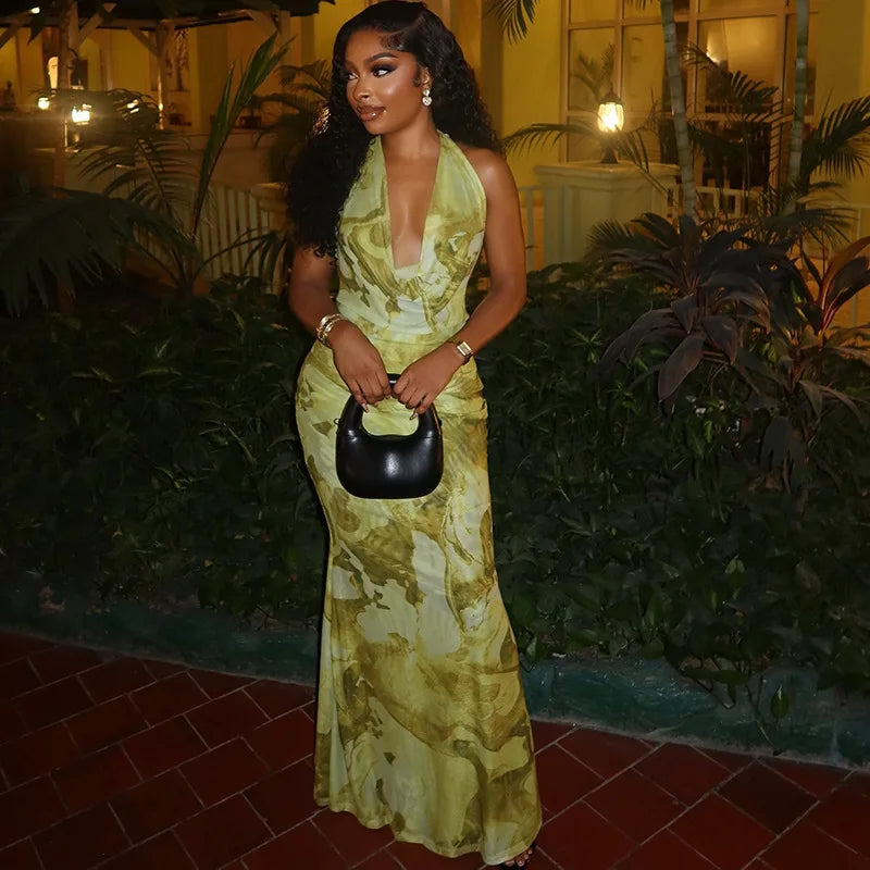 Yellow Green Patchwork Mesh Halter Maxi Dress