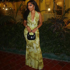 Yellow Green Patchwork Mesh Halter Maxi Dress