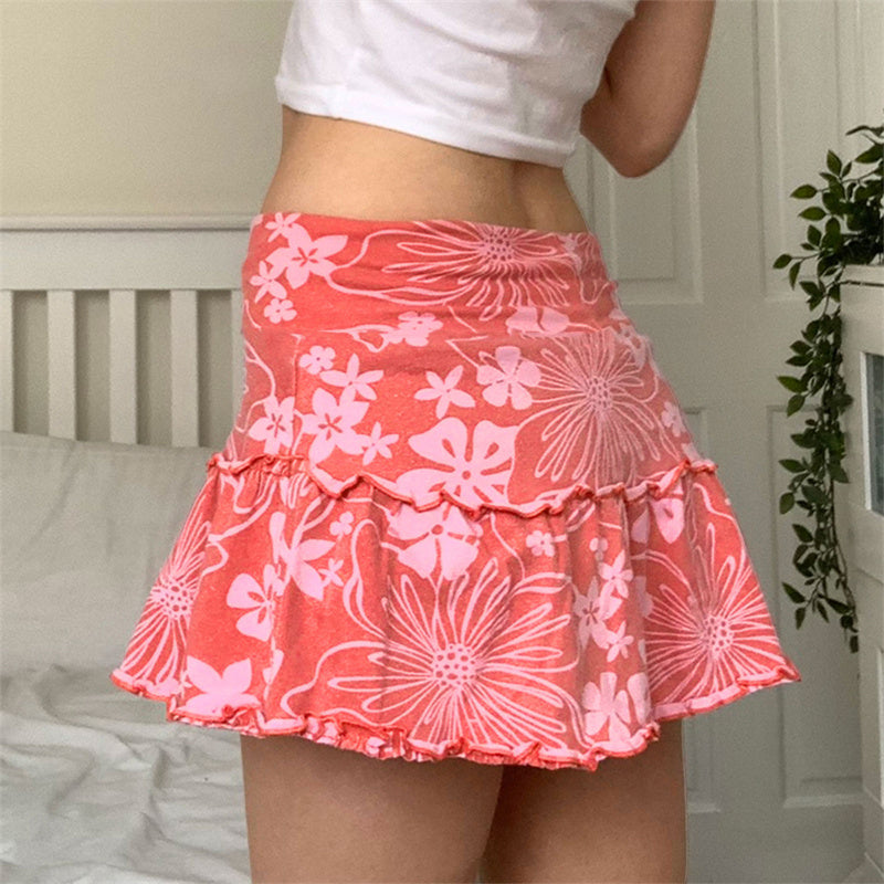 Ruffles A-Line Mini Skirt With Floral Print High Waist Frill Trim Above Knee