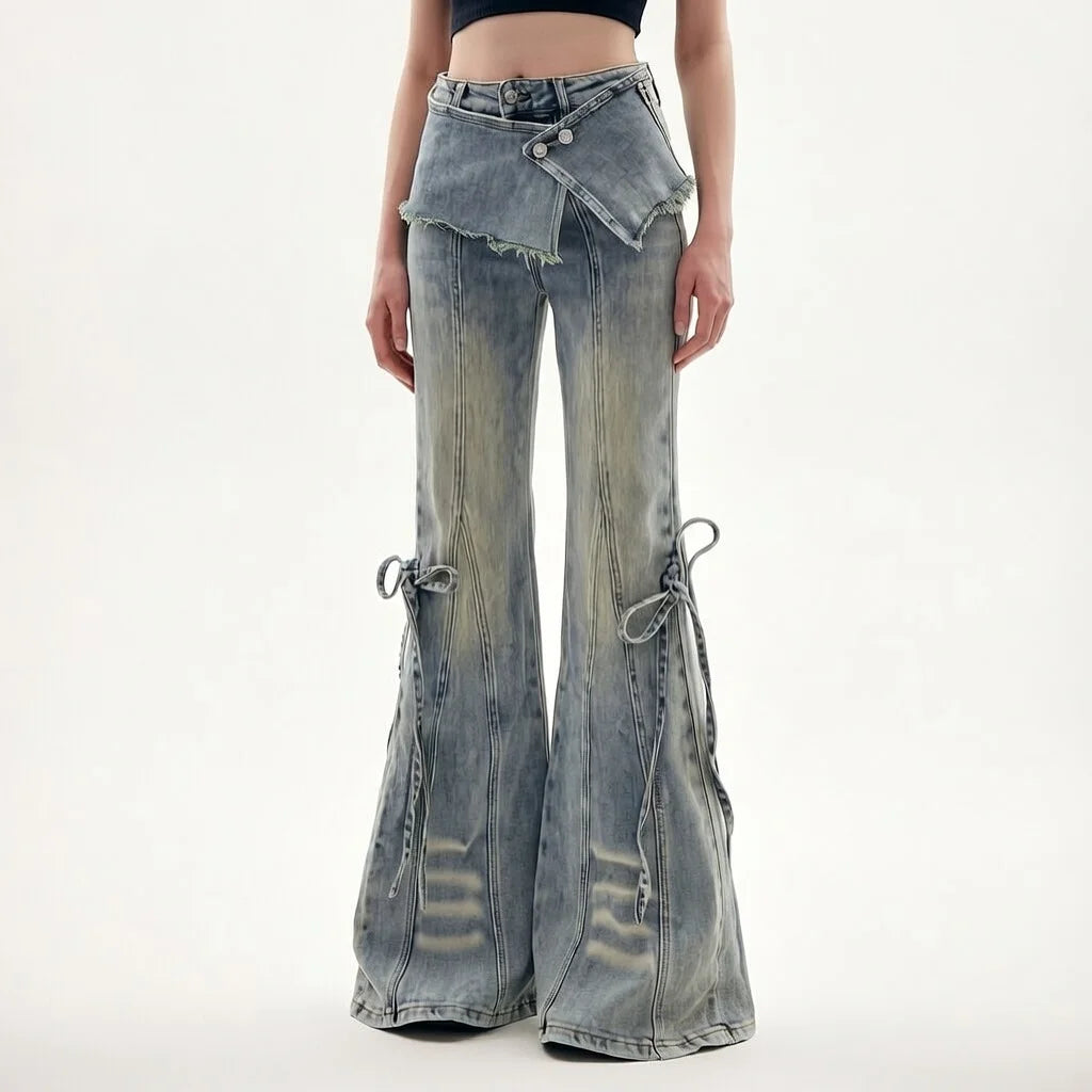 Vintage Denim Layered Skirt-Pants For Women Effortless Wide-Leg Jeans With Hip Hop Vibe