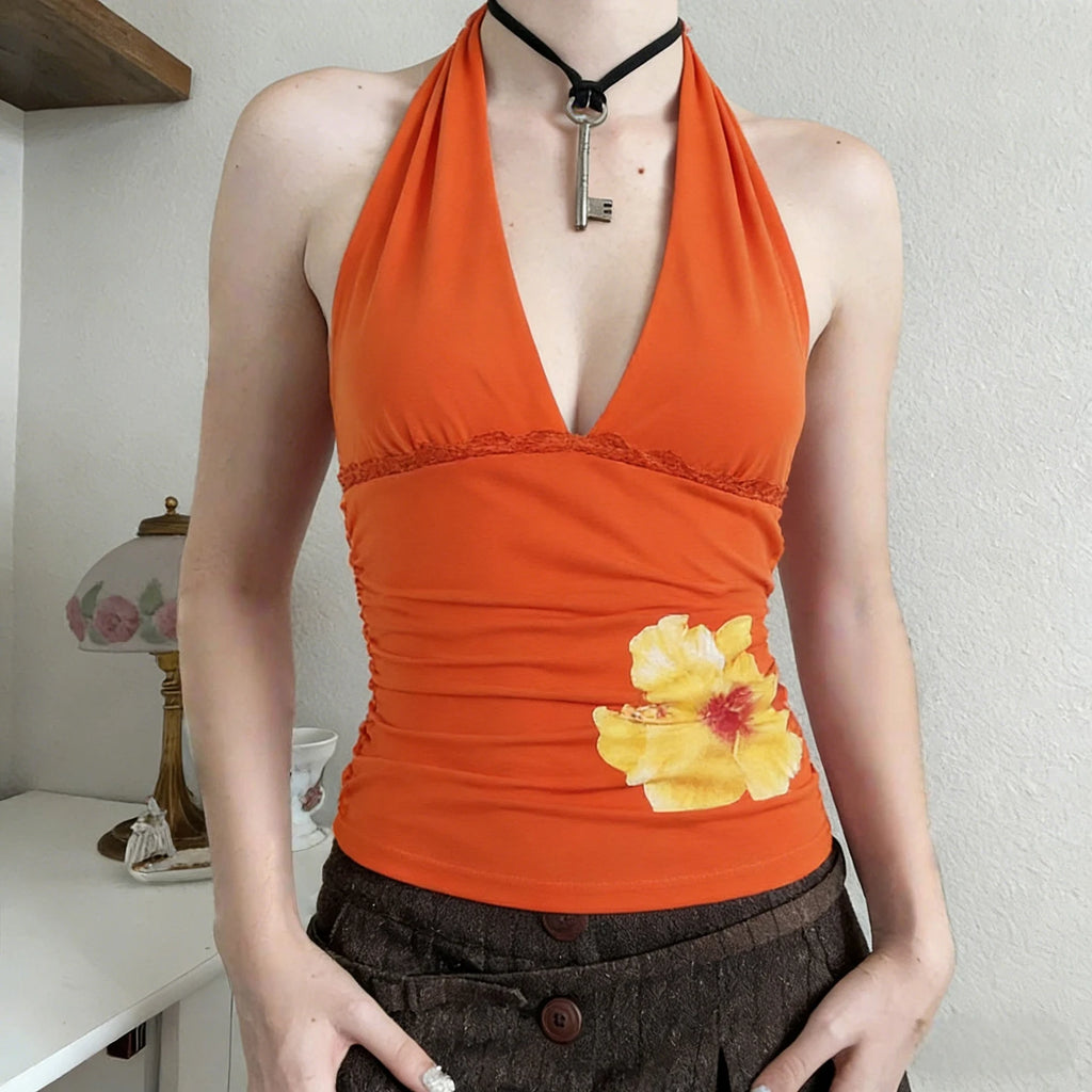 Vibrant Orange Hibiscus Halter Crop Top With Lace Insert
