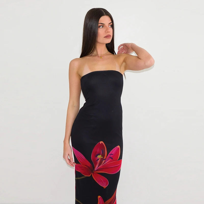 Backless Floral Bustier Maxi Dress With Lace Up Back And Cinched Waist