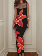 Floral Print Floor Length Dress With Low Cut Neckline Elegant Sling