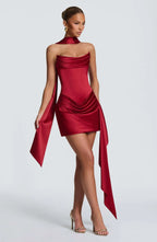 Backless Satin Halter Dress With Empire Waist And Pleated Detail