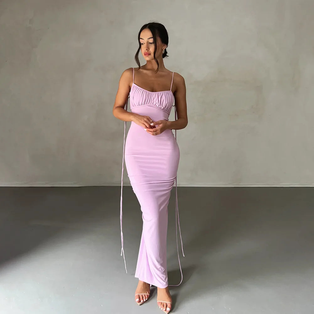 Backless Ruched Bodycon Pink V-Neck Strap Maxi Dress