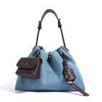 Boho Denim Patchwork Tote With Leather Trim And Versatile Drawstring Closure Bag