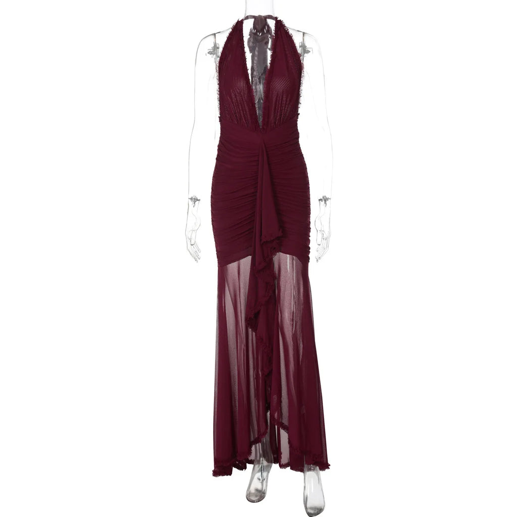 Elegant Mesh Stitching V-Neck Halter Backless Pencil Dress
