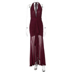 Elegant Mesh Stitching V-Neck Halter Backless Pencil Dress