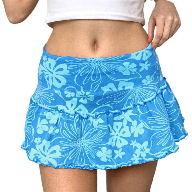 Ruffles A-Line Mini Skirt With Floral Print High Waist Frill Trim Above Knee