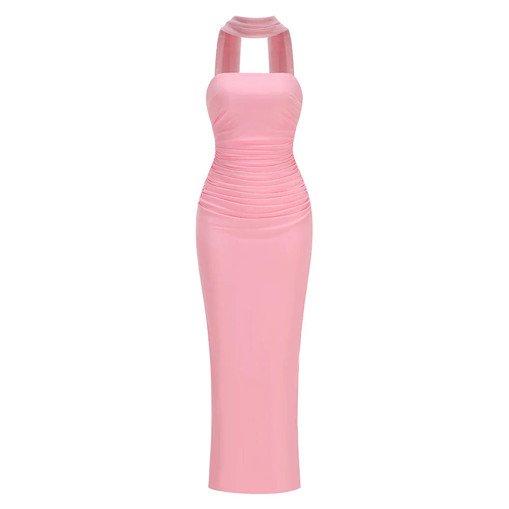 Strapless Ruched Maxi Evening Dress with Mesh Ribbon