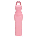Strapless Ruched Maxi Evening Dress with Mesh Ribbon