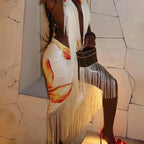 Chic Halter Maxi Dress Set With Fringe Deep V Backless Print