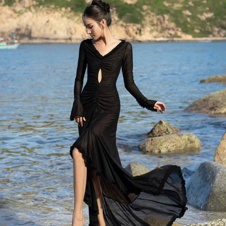 Floral Print Maxi Dress With V Neck And Split Hem Long Sleeve Beach Party Evening Wear