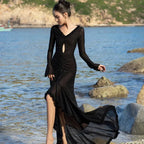 Floral Print Maxi Dress With V Neck And Split Hem Long Sleeve Beach Party Evening Wear
