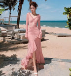 Floral Print Maxi Dress With V Neck And Split Hem Long Sleeve Beach Party Evening Wear
