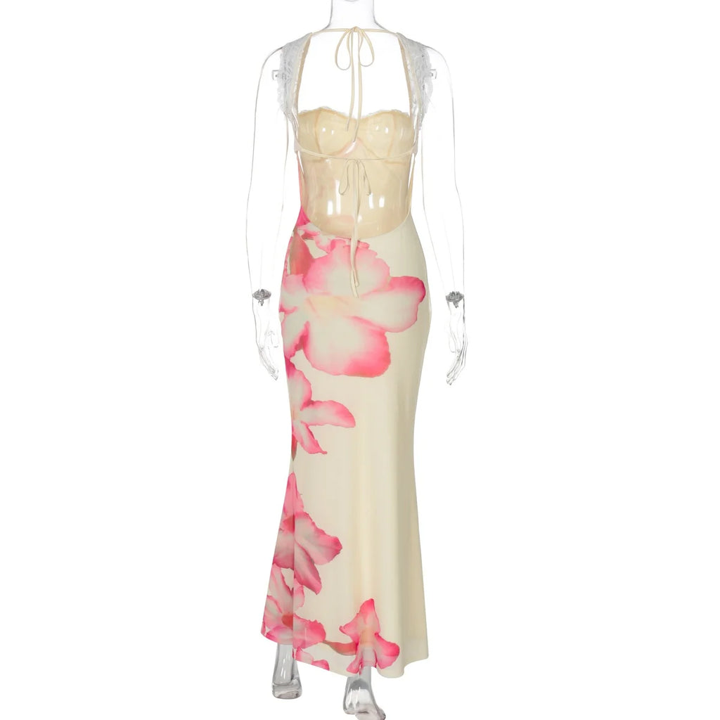 Romantic Lace Backless Maxi Dress With Floral Mesh