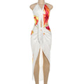 Chic Halter Maxi Dress Set With Fringe Deep V Backless Print