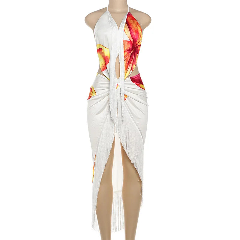 Chic Halter Maxi Dress Set With Fringe Deep V Backless Print