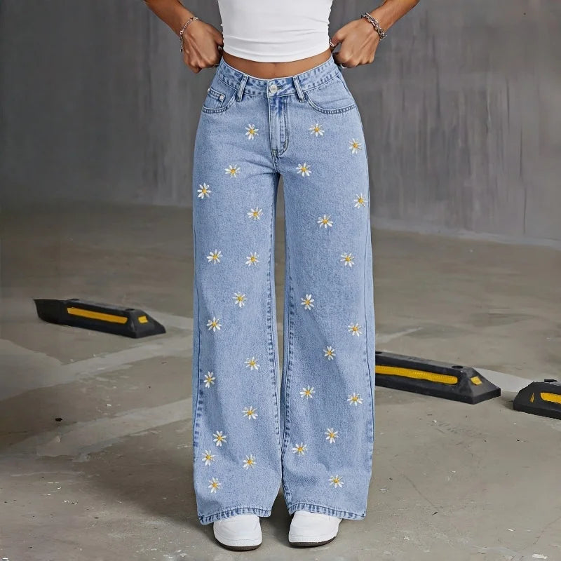 Retro Vintage Floral Embroidered Denim Wide Leg Jeans
