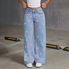 Retro Vintage Floral Embroidered Denim Wide Leg Jeans